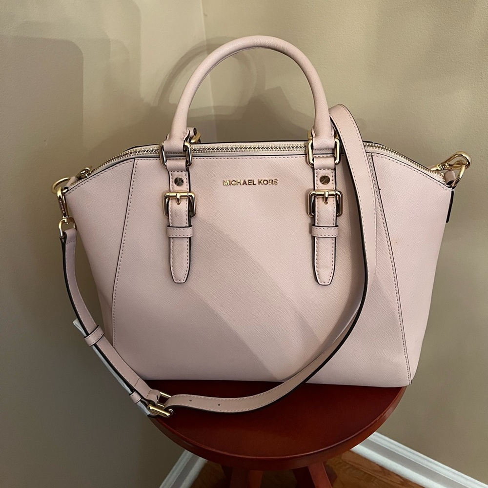 Michael Kors Light Pink Leather Satchel Bag with Gold Hardware & Crossbody Strap
